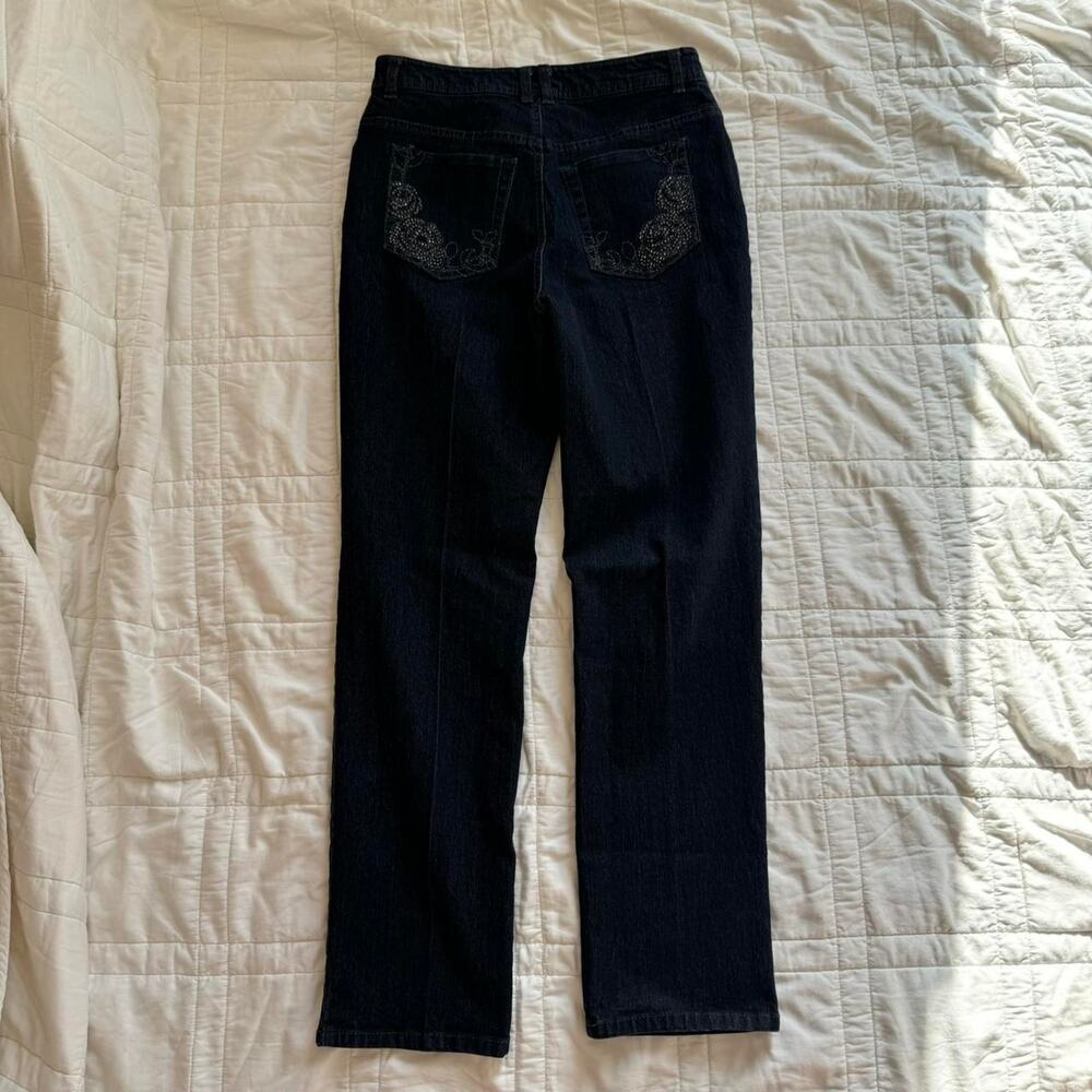 Charter club dark‎ denim embellished straight leg jeans women's size 6 roses
